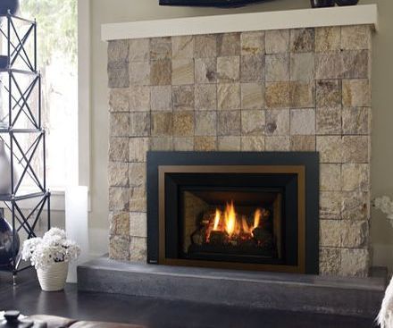 Regency LRI4E Gas Fireplace Insert in bronze with stone tile surround 
