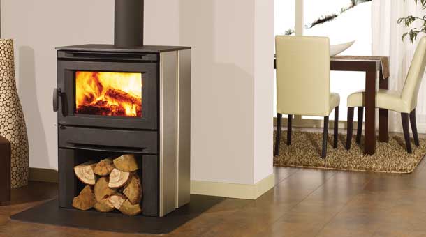 Regency CS1200 Free Standing Stainless Steel Wood Stove Fireplace with storage below for logs