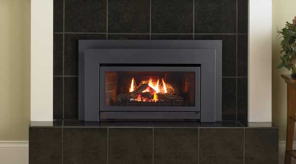 Regency E21 Gas Insert fireplace with dark tile hearth