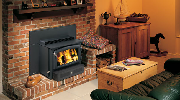 Regency H2100 large wood insert with brick surround and hearth