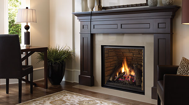 Regency L965E Traditional Gas Fireplace with dark wood mantel